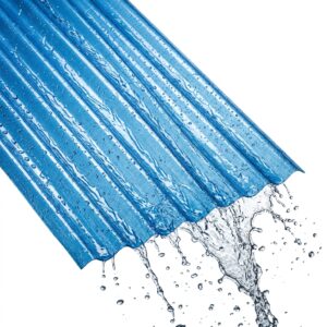 Water sliding smoothly off a blue fiberglass corrugated sheet demonstrating waterproof rain shed performance.