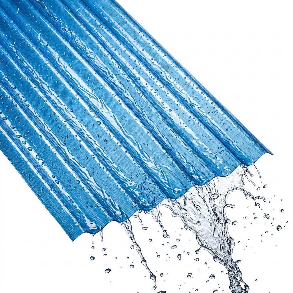 waterproof-fiber-glass-rain-shed-sheet Water sliding smoothly off a blue fiberglass corrugated sheet demonstrating waterproof rain shed performance.