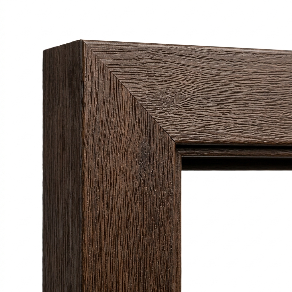 fiber-glass-chaukhat-corner-joint-detail Close-up of a seamless corner joint on a wood-grain textured fiberglass door frame.