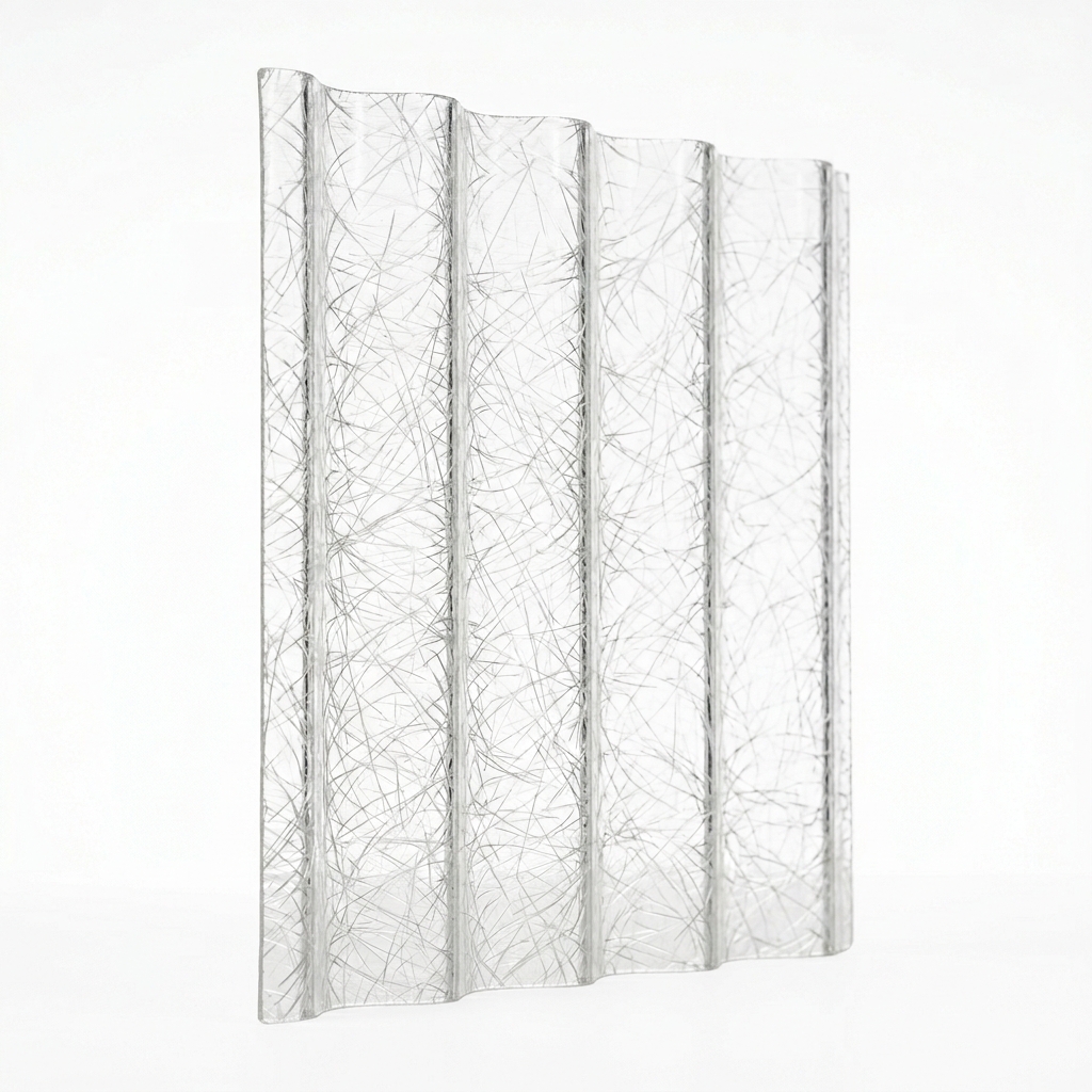 Clear-Transparent-Fiberglass-Roofing-Sheet-Price-Pakistan Clear transparent fiberglass corrugated sheet showing high transparency for maximum daylighting.
