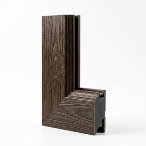 Fiberglass door frame section with dark teak wood grain texture finish.