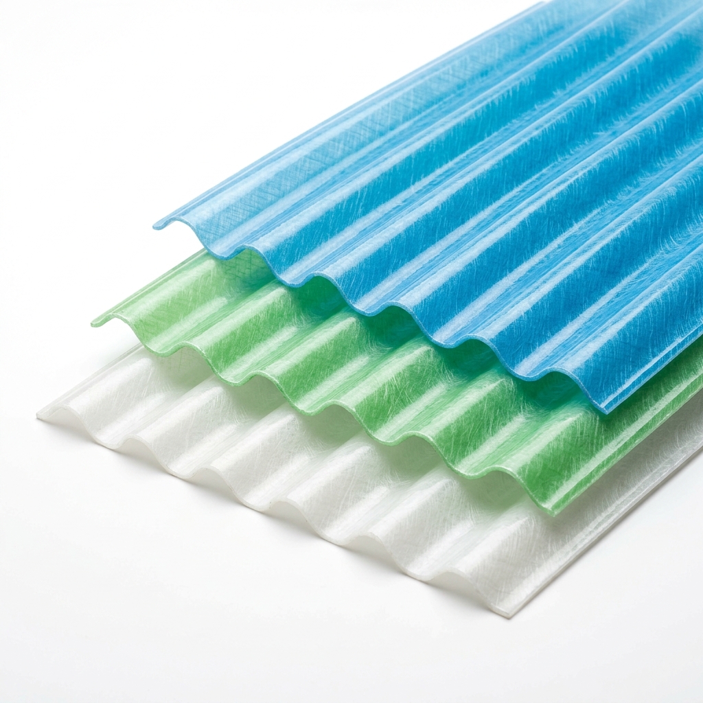Colored-Fiberglass-Corrugated-Roofing-Sheets-Faisalabad A stack of blue, green, and white fiberglass corrugated panels on a solid white background.
