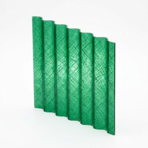 Premium green fiberglass corrugated sheet manufactured by Shaheen Fiber Glass Pakistan on a pure white background.