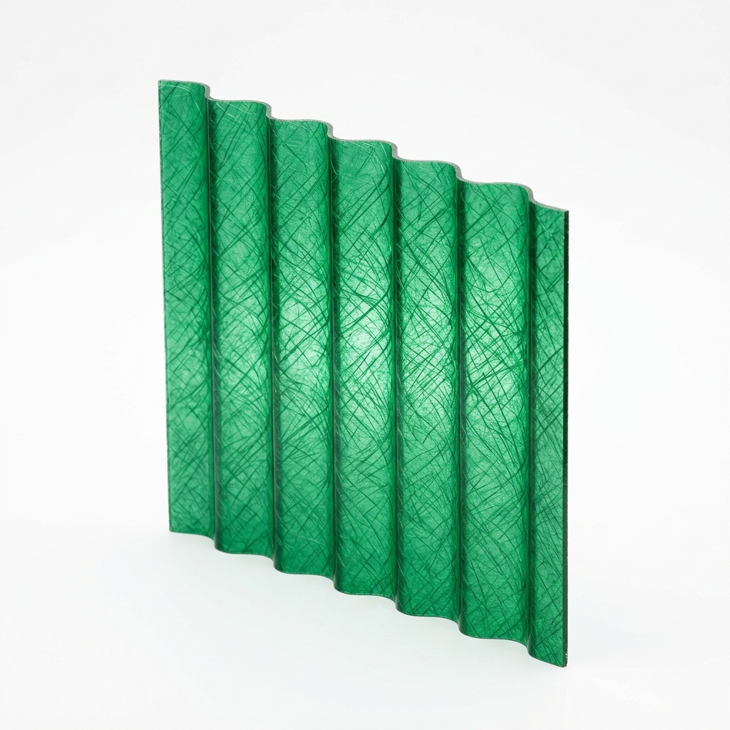 premium-fiber-glass-corrugated-sheet-faisalabad Premium green fiberglass corrugated sheet manufactured by Shaheen Fiber Glass Pakistan on a pure white background.