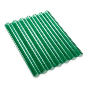 Premium green fiberglass corrugated roofing sheet by Shaheen Fiber Glass on a pure white background.