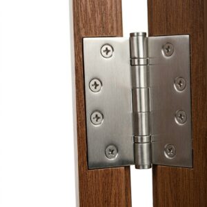 Stainless steel hinge installed securely on a wood-grain fiberglass door frame
