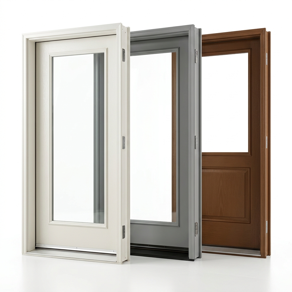 fiber-glass-door-frames-bulk-production Multiple sizes and colors of fiberglass door frames stacked together.