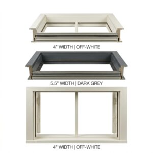 Multiple stacked fiberglass door frames in different sizes ready for delivery.