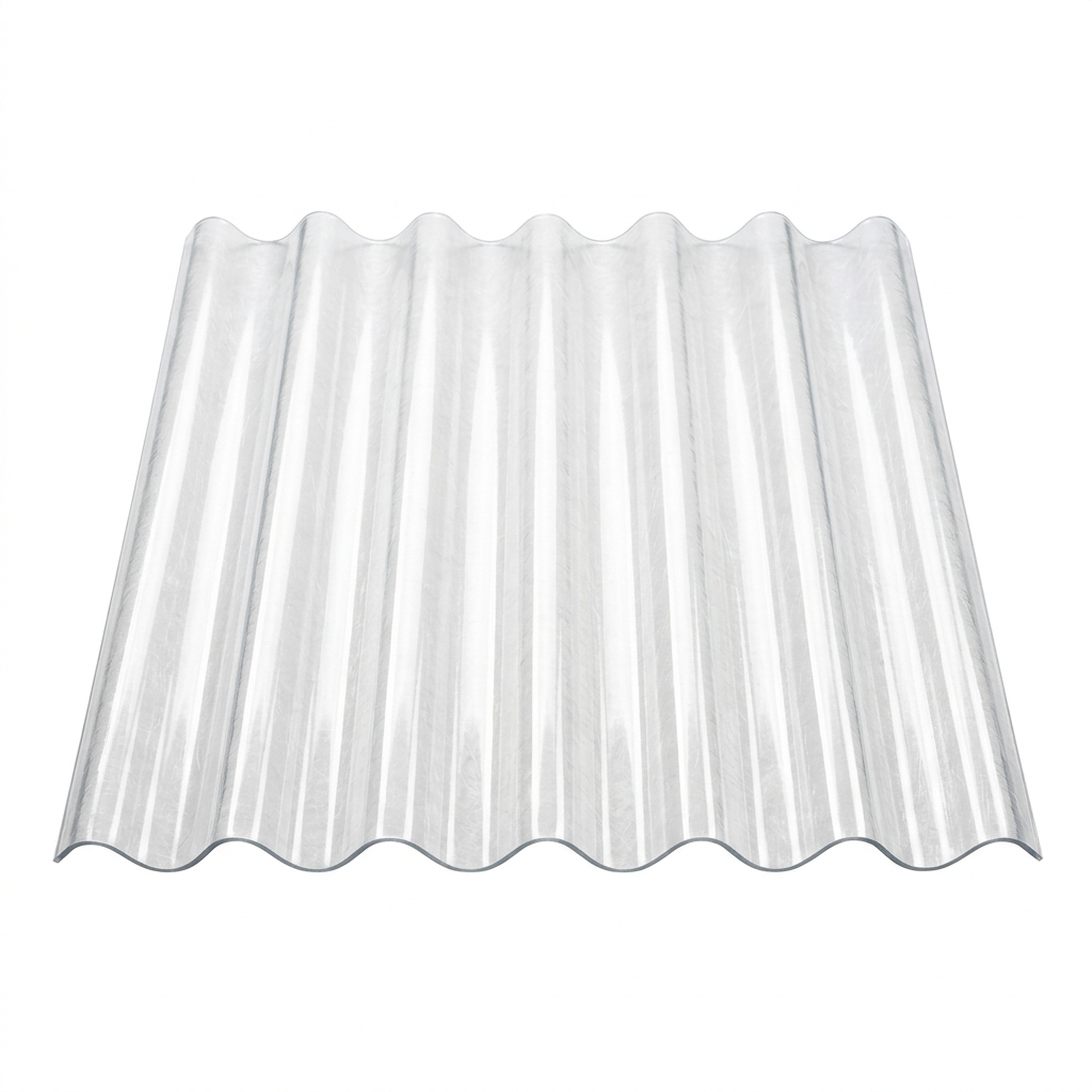 Translucent Corrugated Fiberglass Roofing Sheet Shaheen Fiber Glass Clear translucent corrugated fiberglass roofing sheet with light transmission on a pure white background.