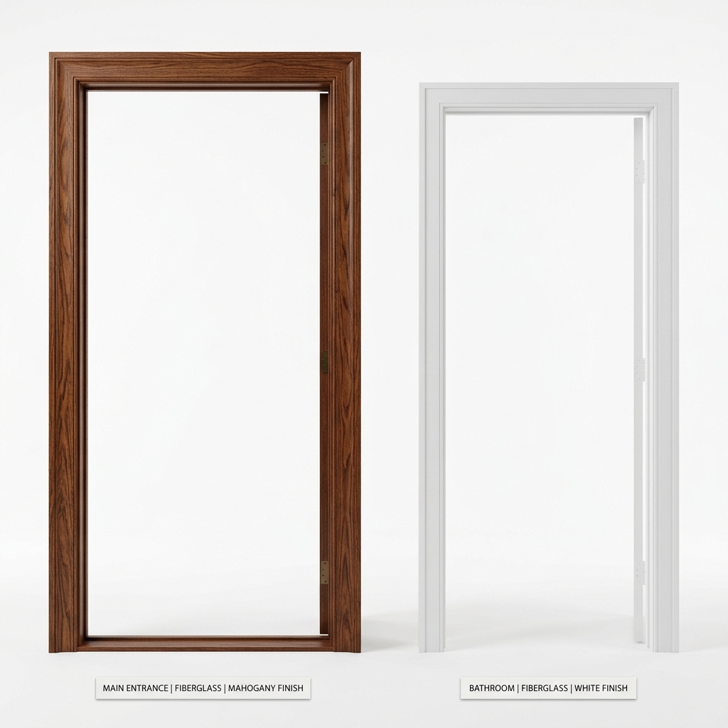custom-sizes-fiberglass-door-frames Custom sized mahogany and white fiberglass chaukhats for main doors and washrooms