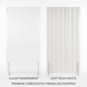 Side by side comparison of clear transparent and milky white translucent corrugated roofing sheets.
