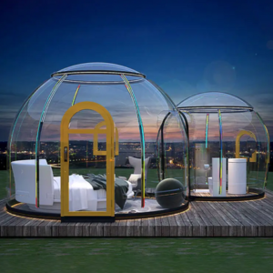 Premium Double-Dome Transparent Fiberglass Geodesic Glamping Pod – Luxury Resort Room Design